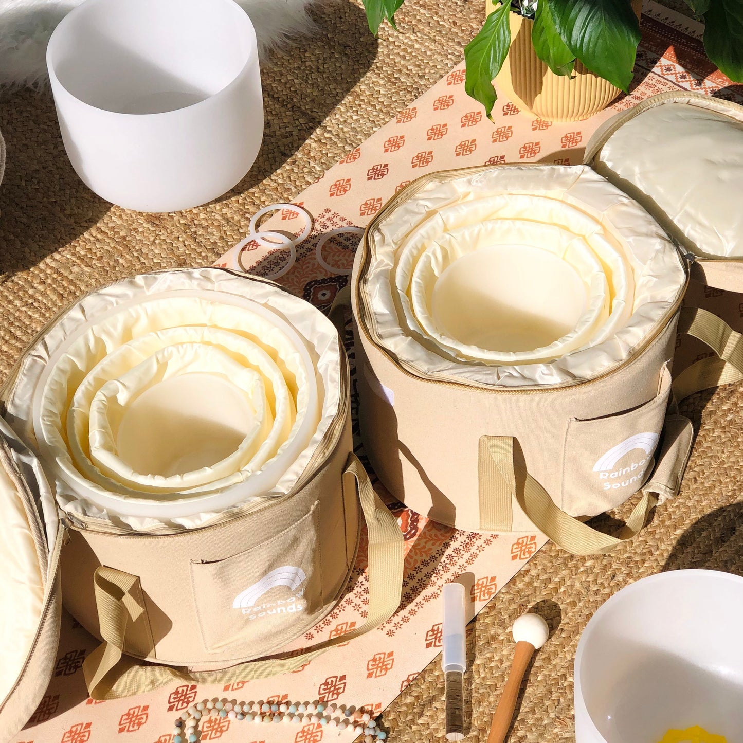 Set of 3 White Sound Therapy Bowls in Beige Case Dispatch