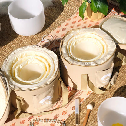 Set of 3 White Sound Therapy Bowls in Beige Case Dispatch