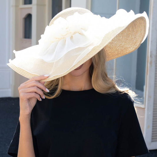 Sheer Floral Cover Wide Brim Straw Sun Hat