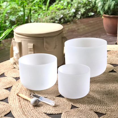 Set of 3 White Sound Therapy Bowls in Beige Case Dispatch