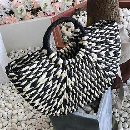 Wicker Straw Half Round Bag