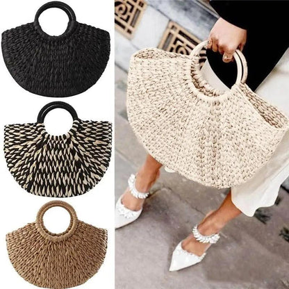 Wicker Straw Half Round Bag